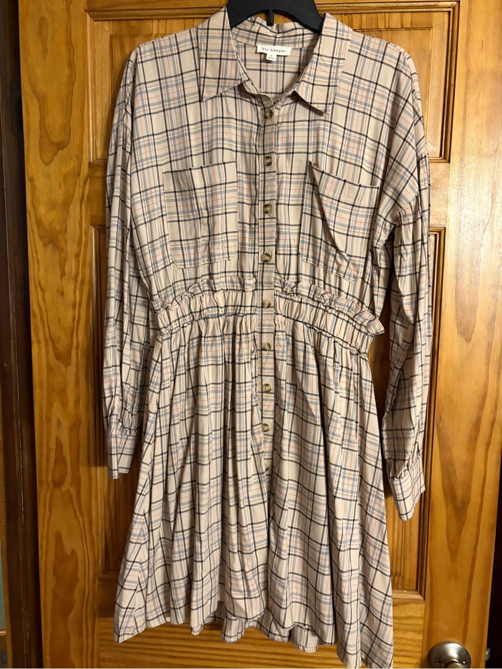 Blu Pepper Beige Plaid Long-Sleeve Button Dress